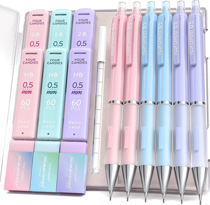 Four Candies Mechanical Pencil Set - 0.7mm (Medium Point), 6PCS Cute Pencils Mechanical with 360PCS (HB & 2B) Lead Refills & 12PCS Erasers & 1PCS Storage Case, Pastel Aesthetic Lead Pencils for School