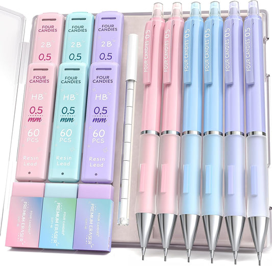 Four Candies Mechanical Pencil Set - 0.7mm (Medium Point), 6PCS Cute Pencils Mechanical with 360PCS (HB & 2B) Lead Refills & 12PCS Erasers & 1PCS Storage Case, Pastel Aesthetic Lead Pencils for School