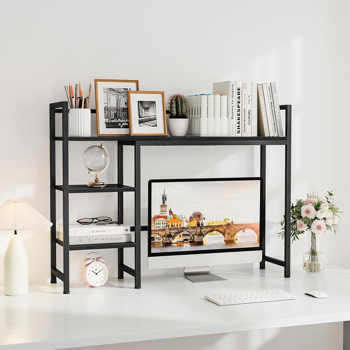 Snughome Desk Shelf, 38.6" Desktop Organizer Shelf, Desk Hutch for Computer Monitor, 4 Tier Desk Display Rack, Wood Desktop Bookshelf Storage Rack for Home Office Dorm, Rustic Brown | Desk Hutch, Computer Monitor, Desktop Display Rack, Home Office Dorm