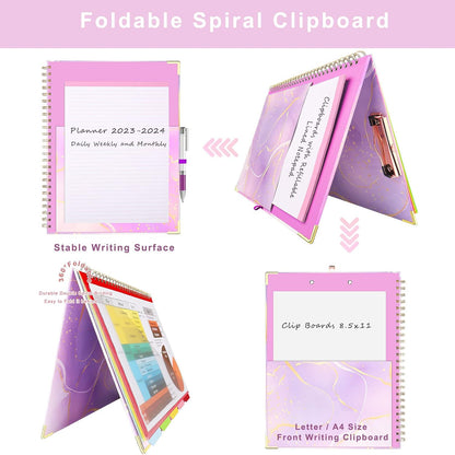 Foldable Spiral Clipboard Folio with Refillable Lined Notepad,5 Plastic Folders with 10 Pockets,Storage Clipboard Folder with Labels,Clipboards with Storage for Office Planner Clip Board-Pale Blue