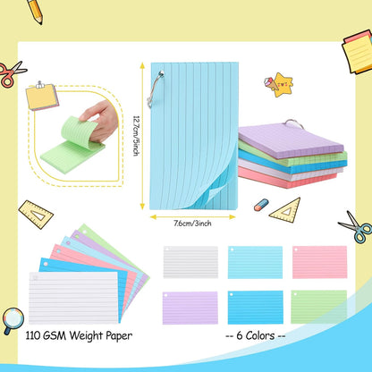 300 Sheets Ruled Index Cards with Metal Ring Binder, Multicolor, 6 Pack