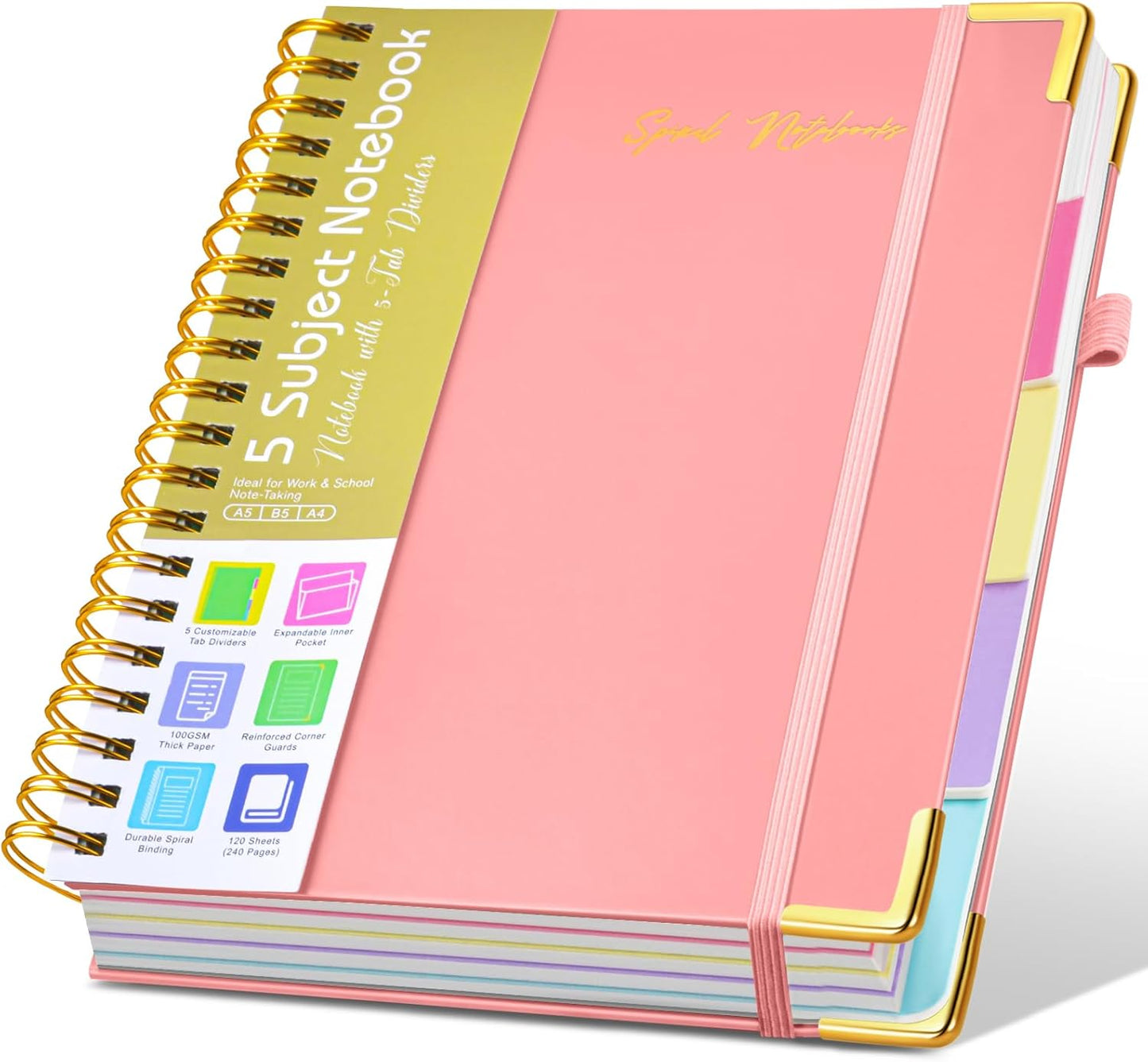 Hardcover Large Spiral Notebook 8.5" x 11" with Removable Dividers Tabs, 300 pages Leather 5 Subject Notebook College Ruled, A4 Journal for Women Men, Notebooks for Work School Note taking,Black