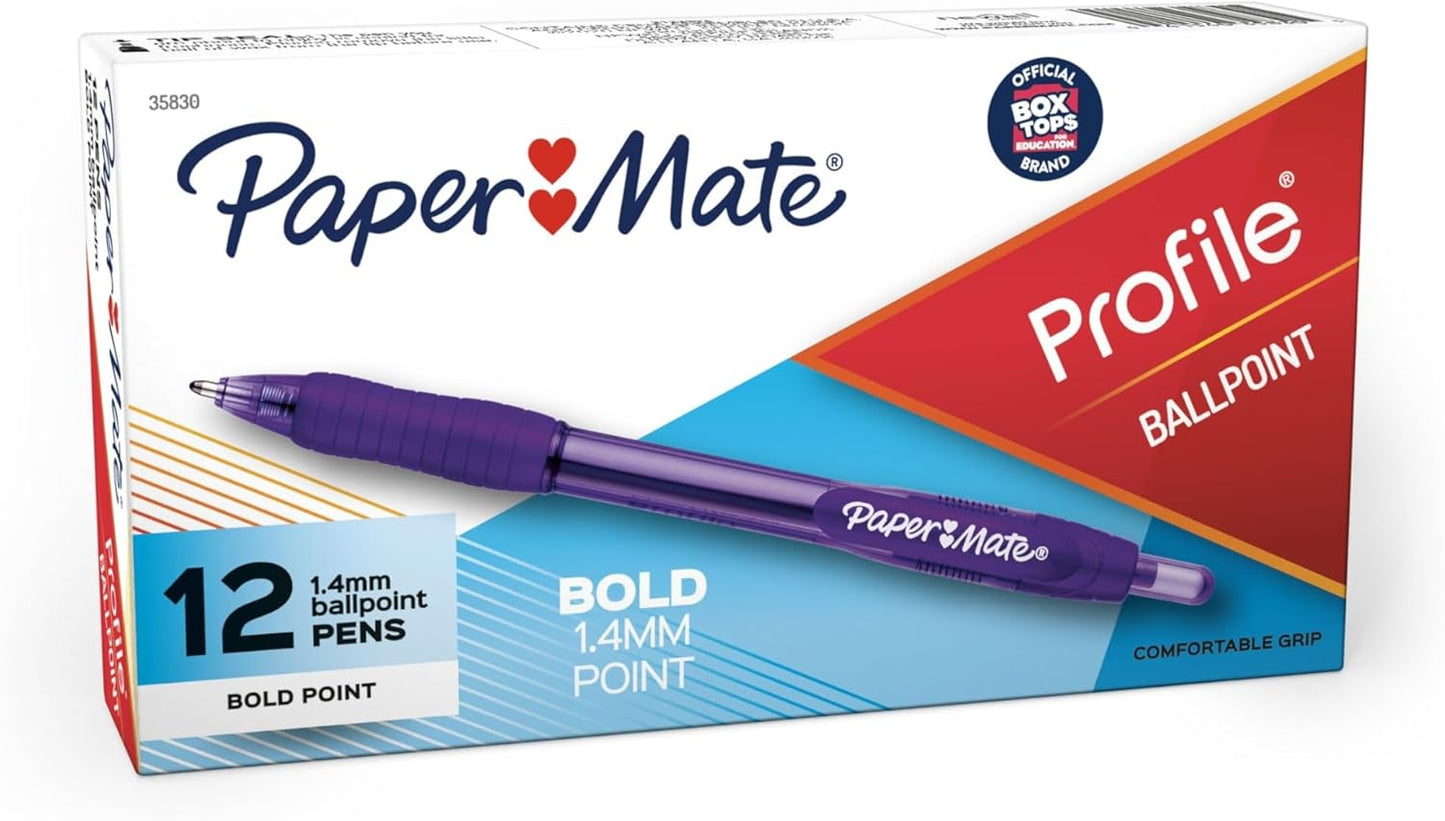 Paper Mate Profile Retractable Ballpoint Pens Bold, 1.4mm, Assorted Colors, 12 Count - Back to School, Home, Office, Teacher Supplies
