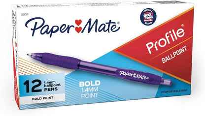 Paper Mate Profile Retractable Ballpoint Pens Bold, 1.4mm, Assorted Colors, 12 Count - Back to School, Home, Office, Teacher Supplies