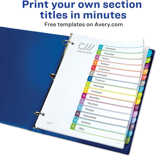 Avery Dividers for 3 Ring Binders, 15 Tabs per Set, Customizable Table of Contents, Multicolor Arched Tabs, Great for Organizing Reports, Projects, and More (11845)