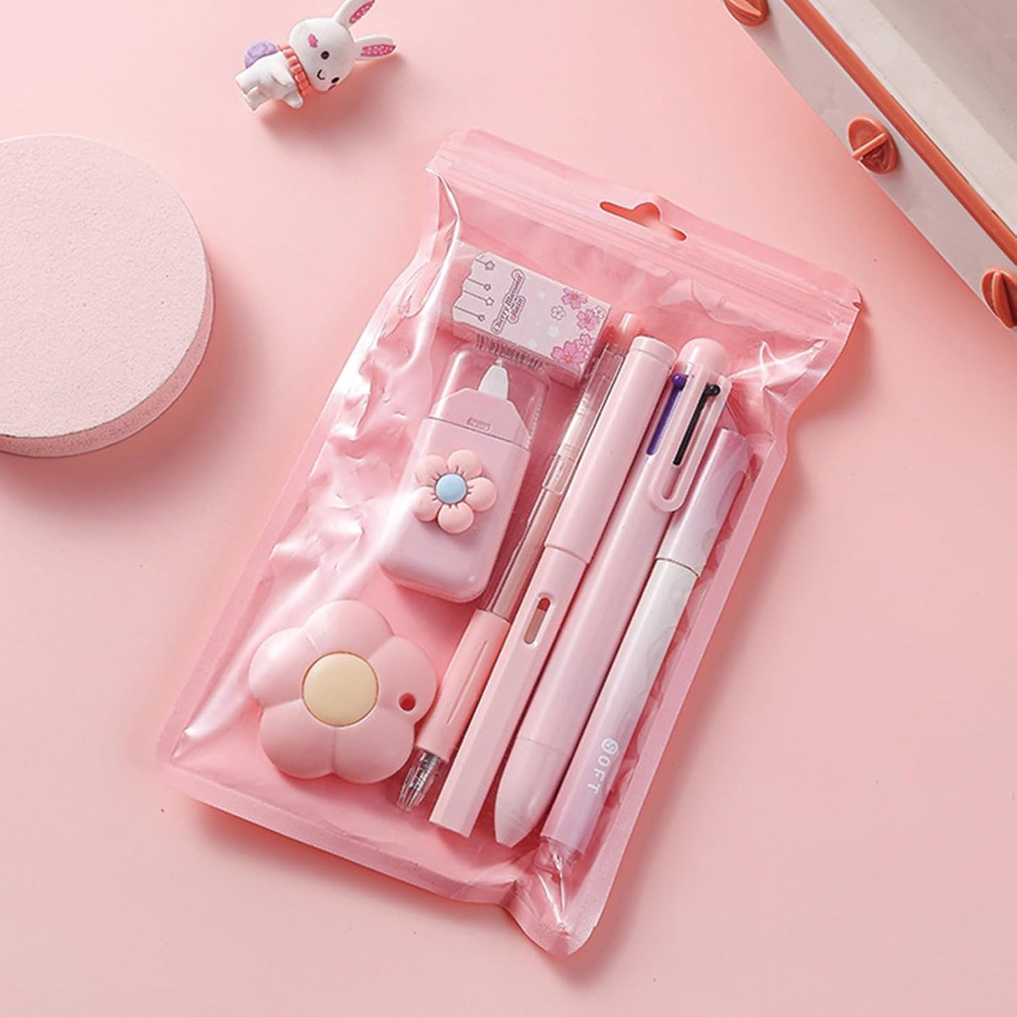 7 Pcs Cute Blue Stationery Set Kawaii School Supplies Office Supplies Including Ballpoint Pens Pencil Sharpener Highlighter Correction Tape Ruler Utility Knife (Blue)