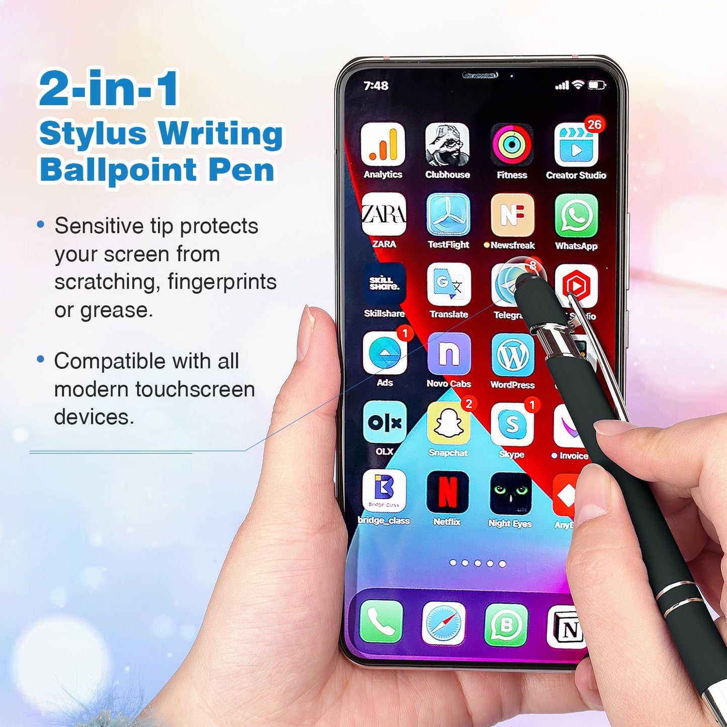 Bribobo 8 Pack Ballpoint Pen 2-in-1 Stylus Retractable Ballpoint Pen with Stylus tip, Metal Stylus Pen for Touch Screens, 1.0 mm Black Ink
