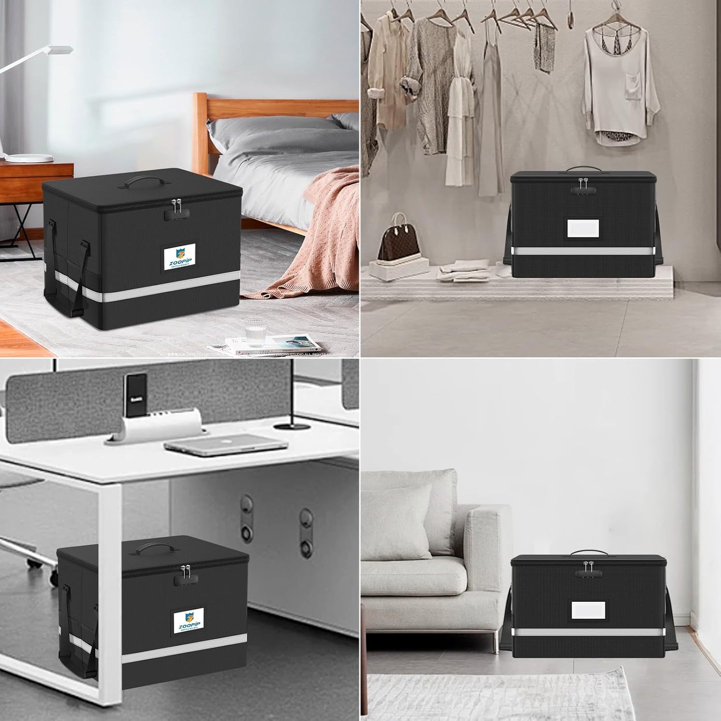 Fireproof File Box with Lock, Document Box Storage Organizer, Suitable for Hanging File Folders in Letter Size, Collapsible File Box, Reflective Strip for Fast Find (12.2"*6"*10.2, Black)