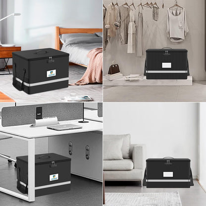 Fireproof File Box with Lock, Document Box Storage Organizer, Suitable for Hanging File Folders in Letter Size, Collapsible File Box, Reflective Strip for Fast Find (12.2"*6"*10.2, Black)