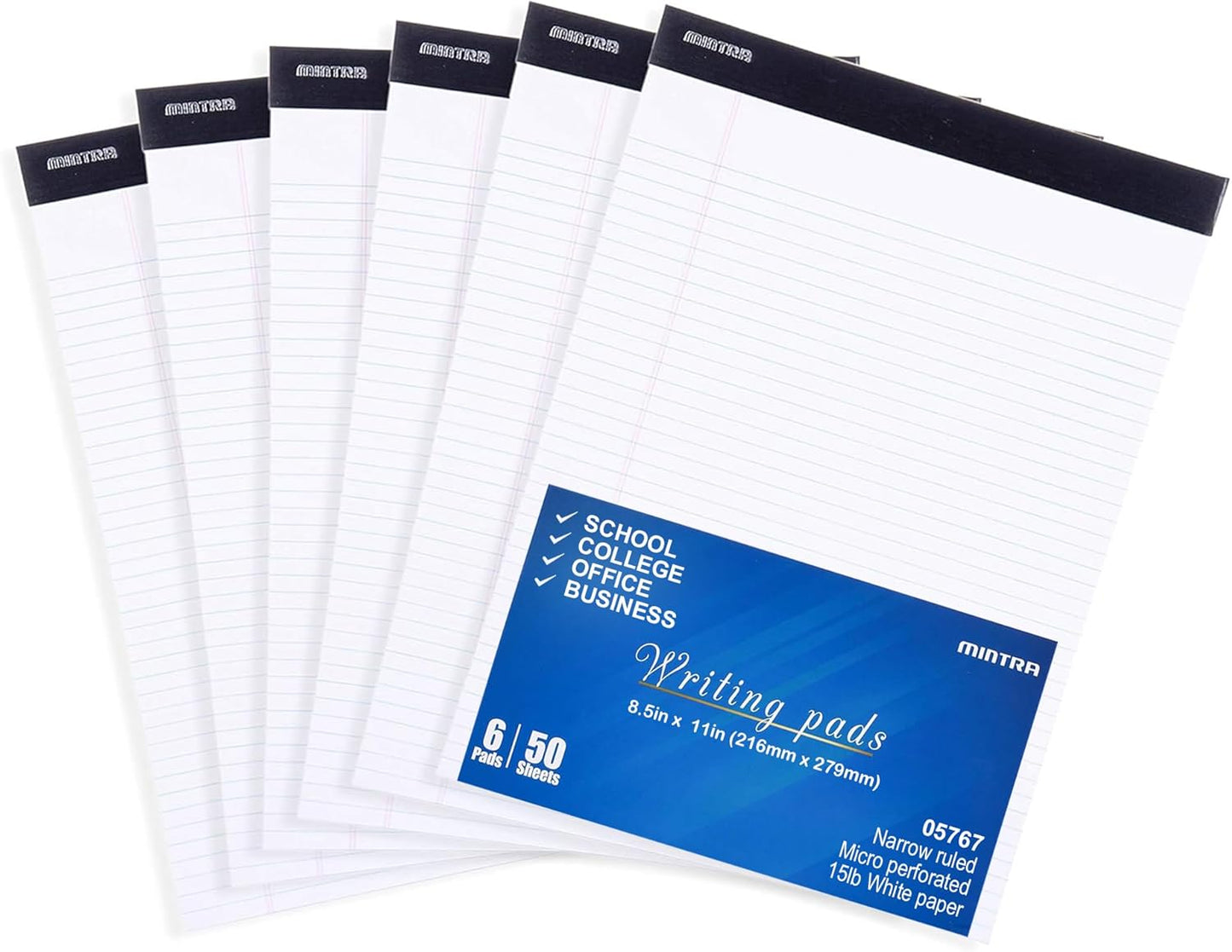 Mintra Office White Legal Pads – Ruled Notepads and Micro-Perforated Sheets, Ideal for Writing, Note-Taking & Creativity, Office, or Professional Use, Basic Pad 6 pack, 8.5"x11" (Narrow Ruled)