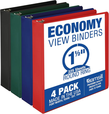 Samsill 1.5 Inch 3 Ring Binders, Economy Round Ring, Clear View Cover, 325 Sheet Capacity - for School, Home, Office - White, 4 Pack