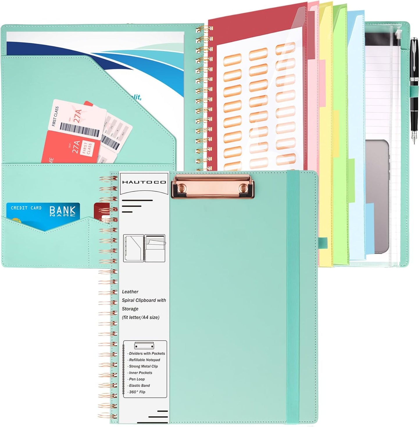 HAUTOCO Spiral Leather Clipboard Folio with Notepad (8.5 x 11''), 5 Folders with 10 Pockets, Storage Zipper Pouch, Pen Loop, 39 Stickers, Padfolio Organizer for Work School, Pink