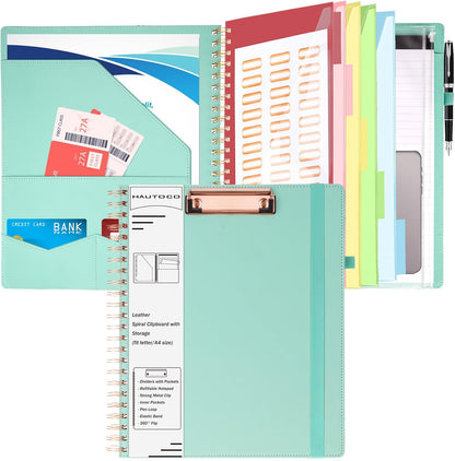 HAUTOCO Spiral Leather Clipboard Folio with Notepad (8.5 x 11''), 5 Folders with 10 Pockets, Storage Zipper Pouch, Pen Loop, 39 Stickers, Padfolio Organizer for Work School, Pink