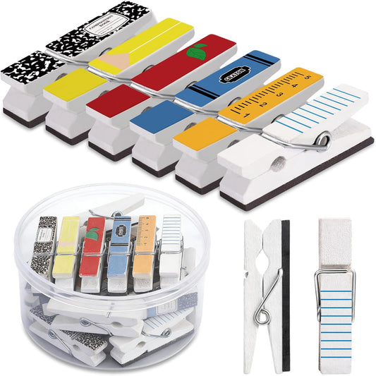 Bokon 48 Pcs Classroom Magnetic Wooden Clips Teacher Whiteboard Artworks Classroom Must Haves Decorative Magnetic Photo Paper Clips for Teacher Office Whiteboard Refrigerator Home Supplies