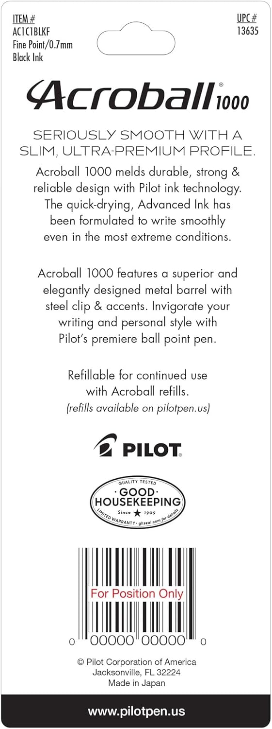 PILOT Acroball 1000 Ultra-Premium Refillable & Retractable Ball Point Pen, Gold Barrel, Fine Point, Black Ink, Single Pen (13662).
