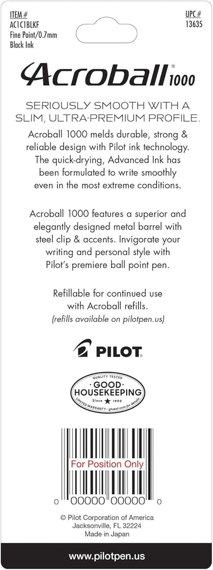 PILOT Acroball 1000 Ultra-Premium Refillable & Retractable Ball Point Pen, Gold Barrel, Fine Point, Black Ink, Single Pen (13662).