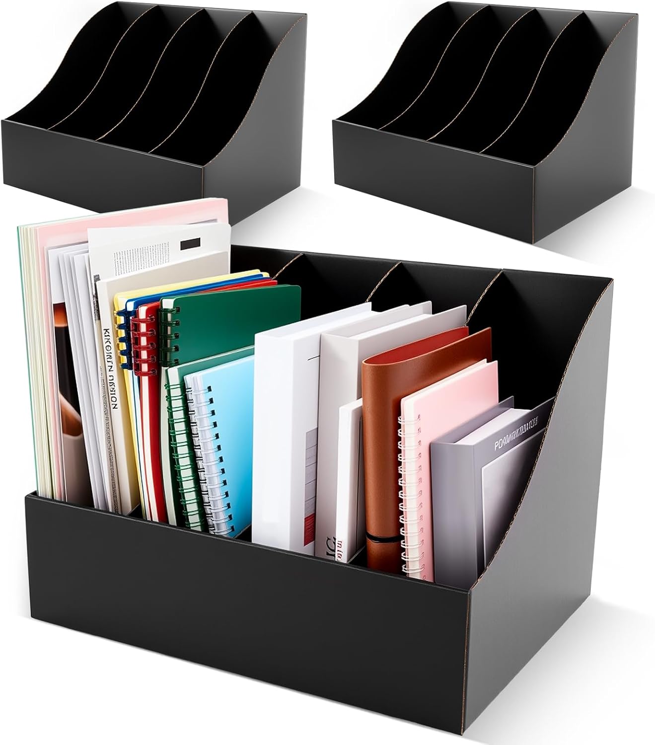3 Pack Cardboard Magazine File Holders 12 Grids Vertical Book Bins 10.6'' x 10.2'' x 14'' Magazine Document Storage Box for Desk Shelves Home Office Classroom Library Use (Black)