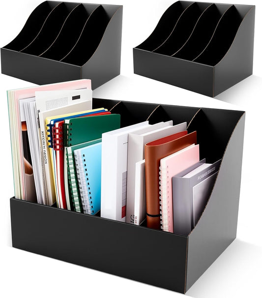 3 Pack Cardboard Magazine File Holders 12 Grids Vertical Book Bins 10.6'' x 10.2'' x 14'' Magazine Document Storage Box for Desk Shelves Home Office Classroom Library Use (Black)
