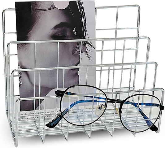 Silver Metal Desktop Organizer – 4-Slot Wire Mail Sorter, Minimalist Iron Art File Holder, Multi-Purpose Book Rack & Letter Organizer for Office, Home & School
