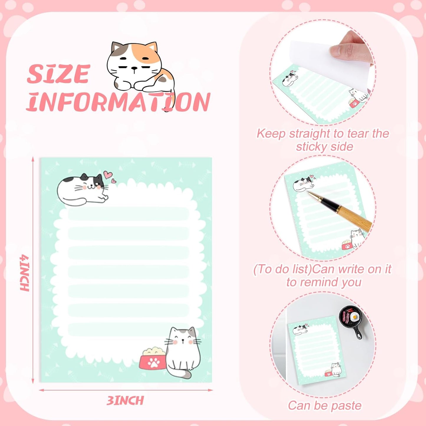 Gilprop 24 Pack Cat Sticky Notes Gift 3x4 Inch Cute Self Stick Notepads Adhesive Cartoon Cat Memo Pad Fun Kawaii Animal Sticky Notes for Teacher Women Valentines Office Home Christmas Pet Lover Gift