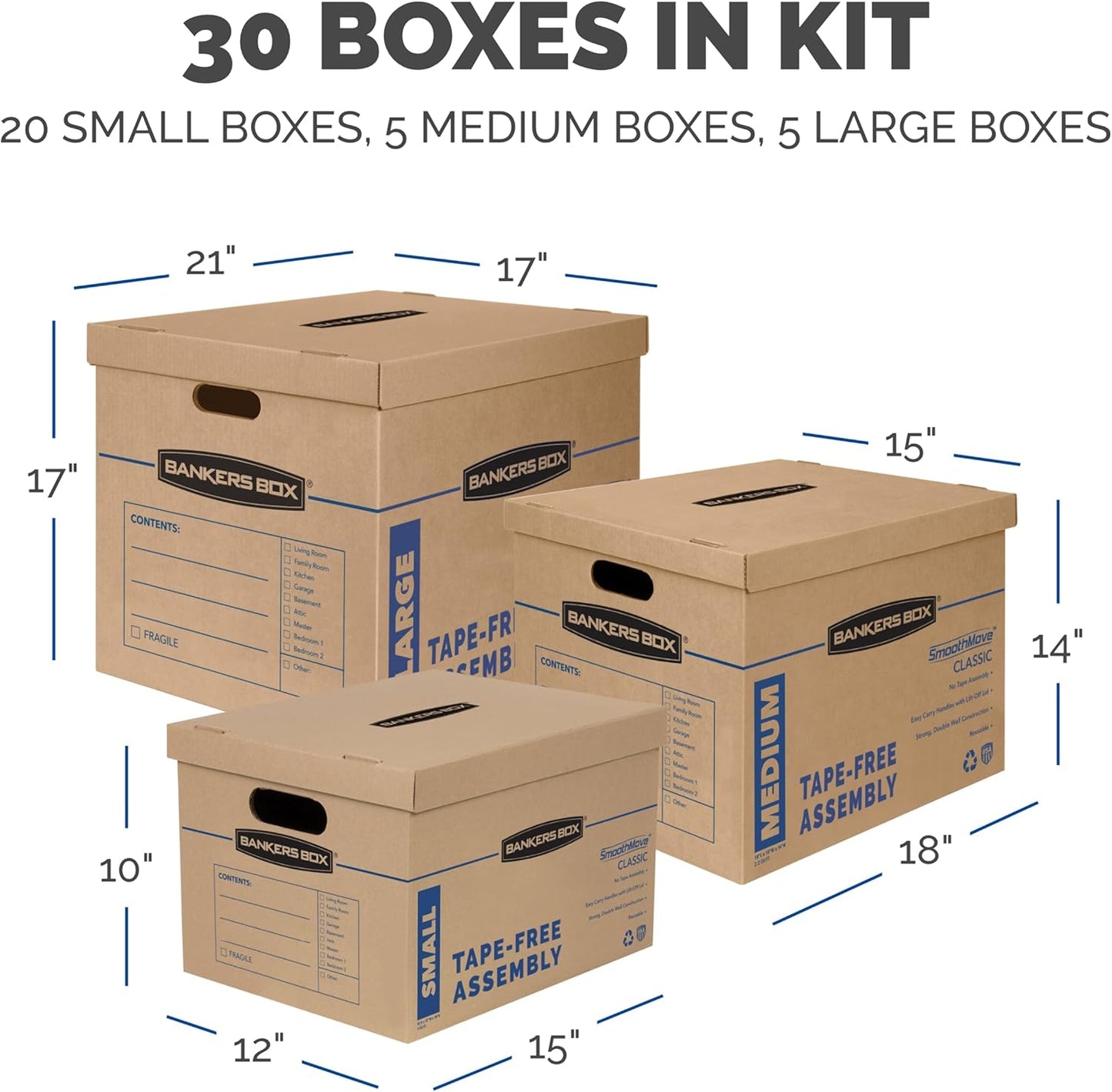 Bankers Box Classic Moving Box 12 Pack Kit, Reinforced Handles, Tape-Free Assembly, Box with Lid, 8 Small and 4 Medium Boxes (7716401)