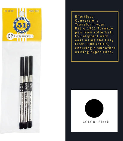 Retro 51 Easy Flow 9000 Ballpoint Refills, Black Ink, 3-Pack – German Engineered for Smooth Writing, Compatible with Tornado Pens