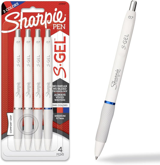 Sharpie S-Gel Gel Pens, White Barrel, Medium Point (0.7mm), Assorted Ink Colors, 4 Count - Writing, Note-Taking, Journaling, Trendy Desk Supplies