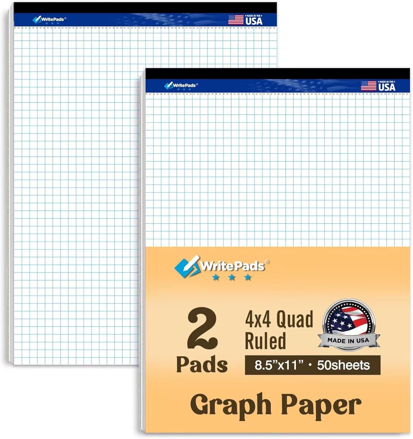 Graph Paper Pads 8.5 x 11, 4x4 Quad Ruled Graph Paper, 2 Pack, 50 Sheets Per Pad, White Graphing Paper Notebook with Sturdy Back & Micro-Perforated Pages, Made in USA, for School, Math, Drafting & Office
