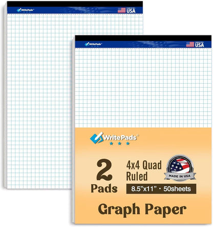 Graph Paper Pads 8.5 x 11, 4x4 Quad Ruled Graph Paper, 2 Pack, 50 Sheets Per Pad, White Graphing Paper Notebook with Sturdy Back & Micro-Perforated Pages, Made in USA, for School, Math, Drafting & Office