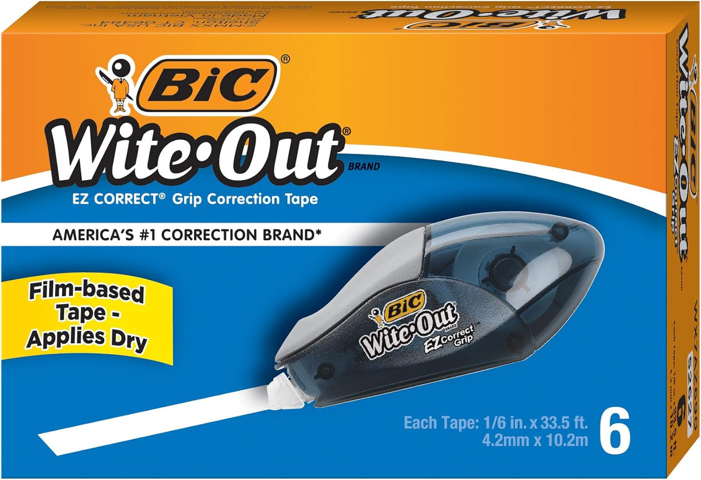 BIC Wite-Out Brand EZ Correct Grip Correction Tape, White, 6-Count