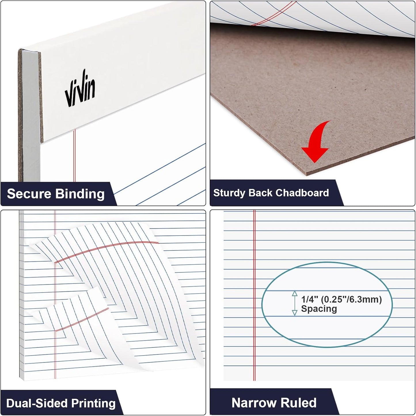 ViVin Legal Pads 8.5 x 11 Inch, Wide Ruled Note Pads, 12 Pack, 50 Sheet/Pad, Perforated Writing Pads, Notepads for Office Home School, 600 Sheets, White Paper