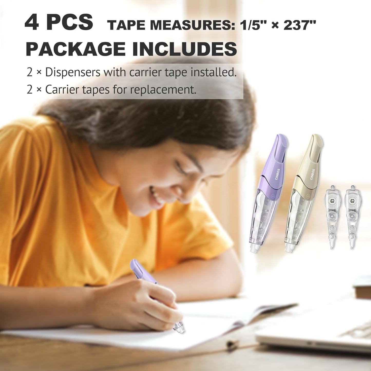 Refillable Retractable Correction Tape with 2 Extra Refills, White Smooth Pull Out Cute Correction Tape for Office Supplies, 4 PCS (CS-25)