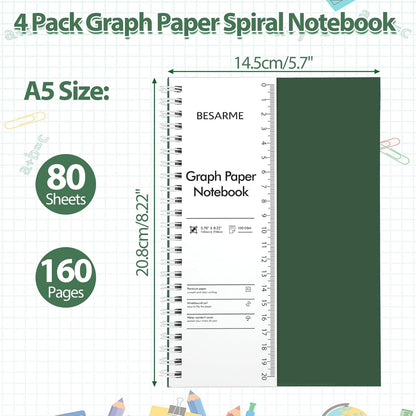BESARME 4 Pack Graph Paper Notebook A5 Grid Paper Notebooks Waterproof Plastic Graphing Spiral Journal 5.7" x 8.22" Engineering Notebooks for Work School Supplies, 640 Pages 100 GSM