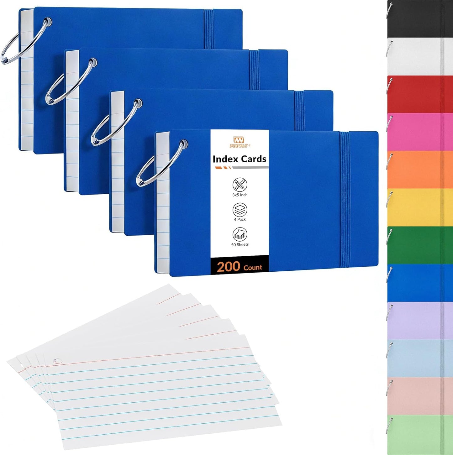 NEEWAY Ruled Index Cards with Ring 3x5 Inches, 200 Count Note Cards Lined, Flash Cards with Rings for Studying, Home and Office (Black)