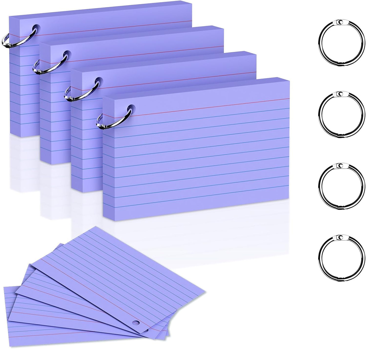 200 Count 3 x 5 Inch Purple Index Cards with Binder Rings, Lined & Blank Study Cards, Thick Cardstock Flash Cards for Students & Teachers, Color-Coded Notecards for School, Home, Work