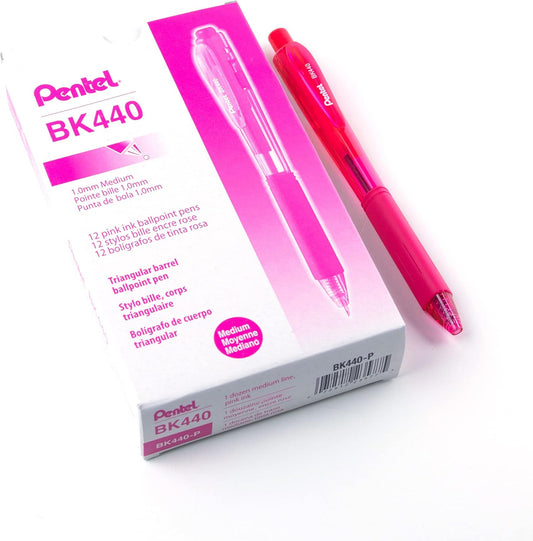 Pentel Wow! Retractable Ballpoint Pen, (1.0mm), Medium Line, Pink Ink, Box of 12 (BK440-P)