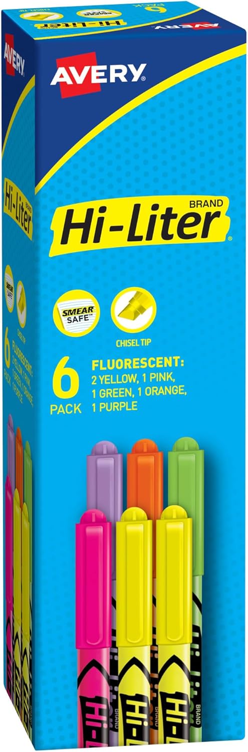 Avery Hi-Liter Pen-Style Highlighters, Smear Safe Ink, Chisel Tip, 6 Assorted Color Highlighters (23565)