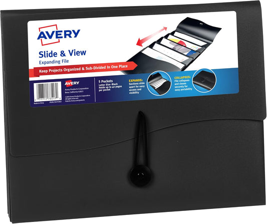 Avery Slide & View Expanding File Folder, 6 Pockets, Letter Size, 1 Black Folder (73542)