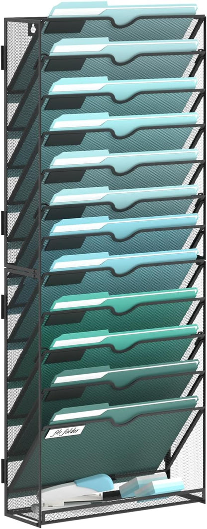 SUPEASY 10-Tier Wall File Organizer, Hanging Wall Files for Papers, Folders, Magazines, Clipboard, Wall Organizer for Office Home School Classroom, Black