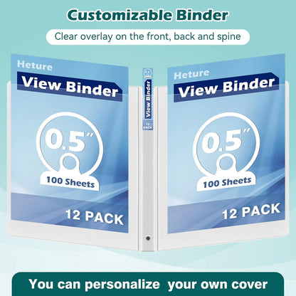 Heture 3 Ring Binder 1 Inch 12 Pack, 1" Clear View with Round Rings, PVC-Free,Holds for 200 Sheets 8.5“ x 11" US Letter Size Paper, Durable White Binders Perfect for Office,School and Home