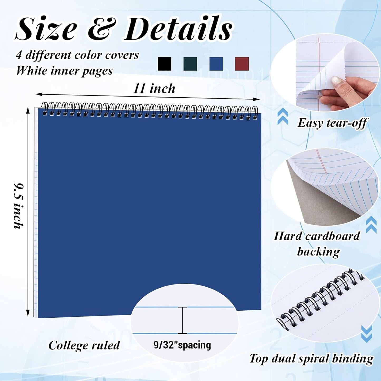 MotiMind 4 Pcs Legal Pads Landscape Notebooks Hole Punched Top Spiral Bound Notebooks 11 x 9.5 Inch College Ruled Drawing Notepad Tear Line for Removal 50 Sheet Office Steno Book(White)