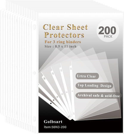 Sheet Protectors 8.5 x11 Inch, 100 Pack Page Protectors for 3 Ring Binder, Top Loading Plastic Sleeves with Reinforced 3-Hole Punch for Binders, Letter Size, for Documents and Photos, Office Supplies.