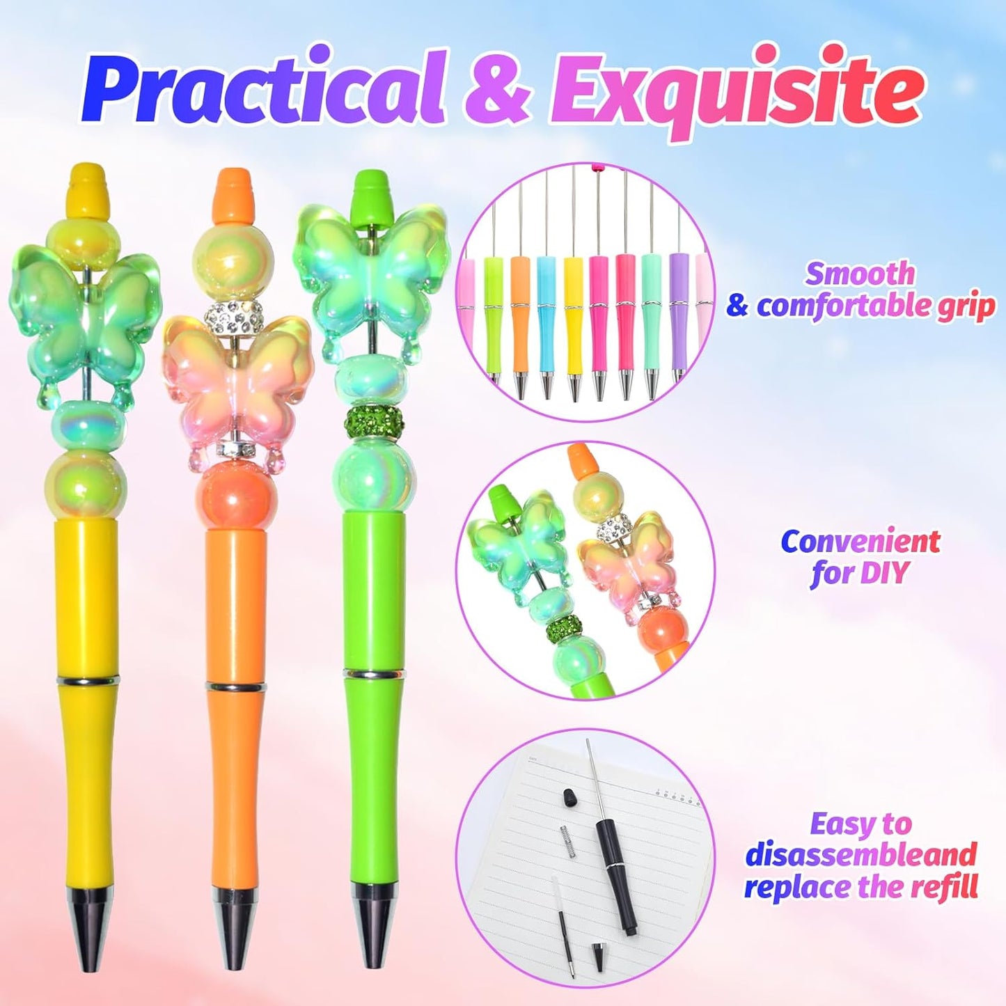 150 Pieces DIY Beadable Pen Kit – 50 Plastic Ballpoint Pens with Refills & Bags, Beads Not Included – School Supplies, Office Accessories & Craft Gifts for Students & Teachers (Multicolor)