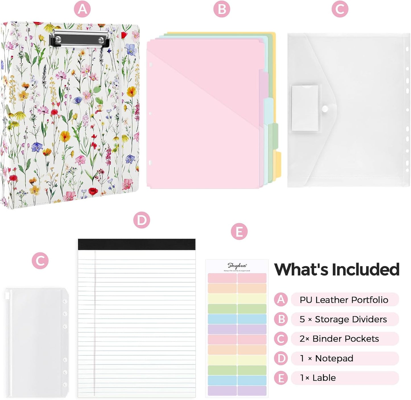 SKYDUE 1 Inch 3-Ring Binder with Clipboard, PU Aesthetic Binder with 5 Dividers, Notepad, Stickers & Pockets for Work and School (Letter Size)