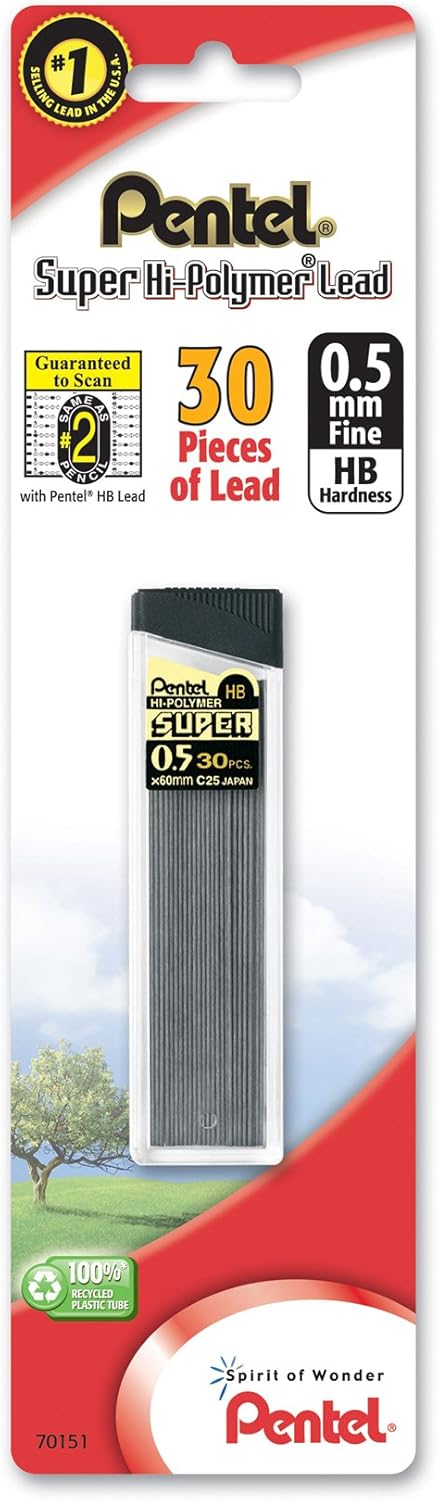 Pentel Super Hi-Polymer Lead Refill 0.5mm Fine, HB, 30 Pieces of Lead (C15BPHB-K6)