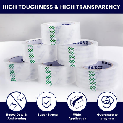 RAZCC Packing Tape, 36 Rolls Clear Heavy Duty Packaging Tape with Dispensers for Packing Shipping Moving Mailing, Thicker Sealing Tape - 1.88" x 65 Yard Per Roll, 2340 Total Yards