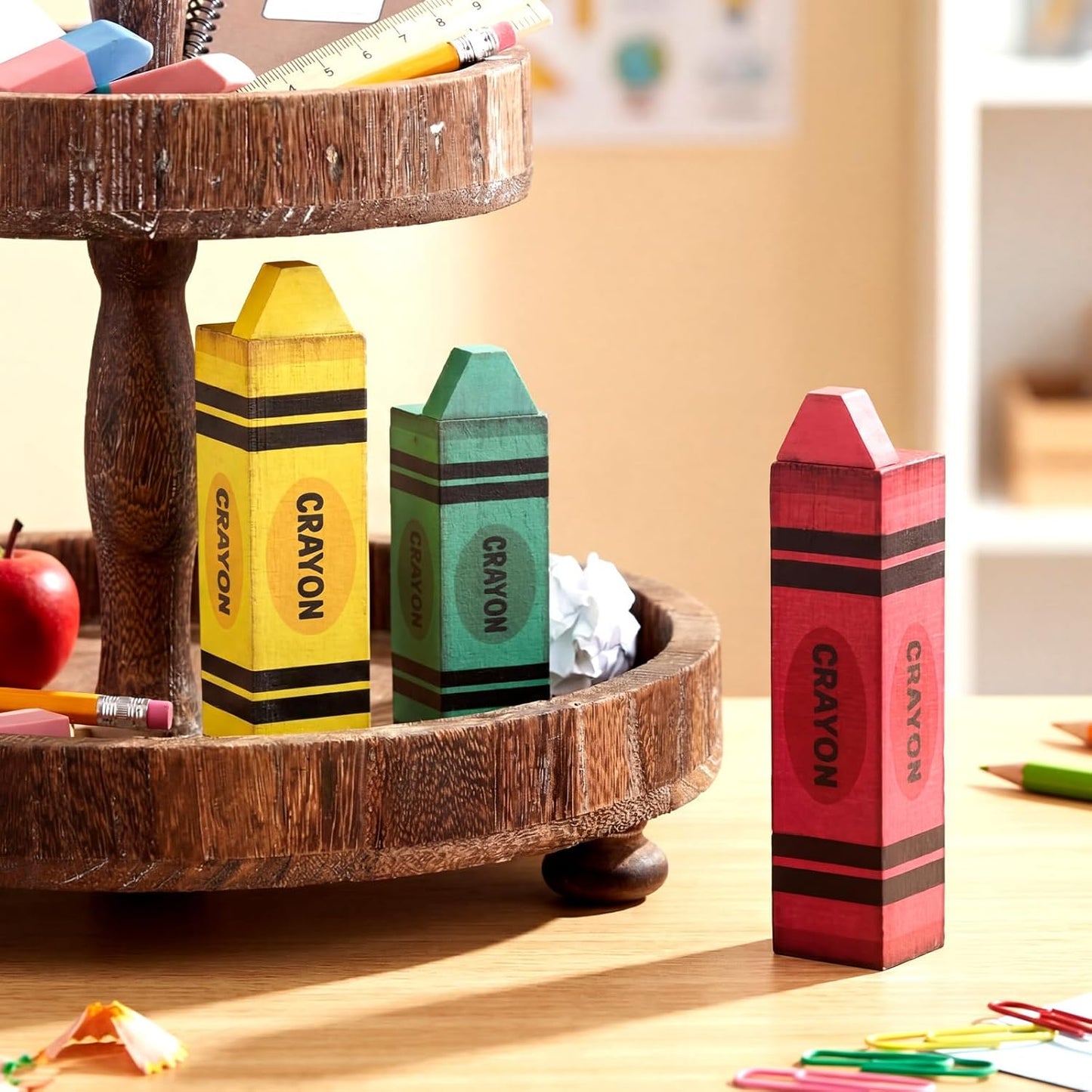 GlikCeil 3 Pcs Teacher Appreciation Week Table Decorations Wooden Classroom Decor Wood Pencil Notebook Paper Tiered Tray Decor for Teacher Desk, Back to School Party, Classroom Shelf