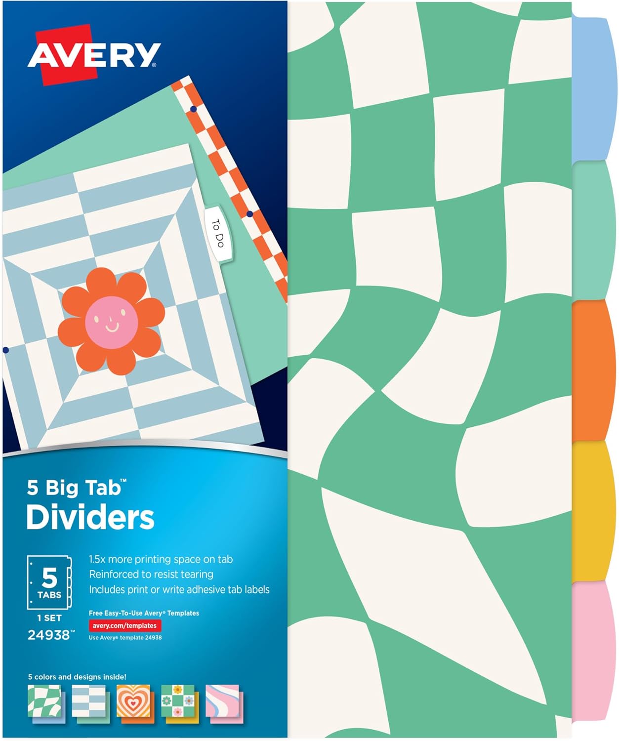 Avery Big Tab Reversible Fashion Dividers for 3 Ring Binders, 5 Tab Set, Retro Pattern, 1 Set (24938)