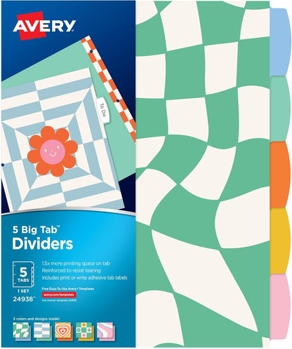 Avery Big Tab Reversible Fashion Dividers for 3 Ring Binders, 5 Tab Set, Retro Pattern, 1 Set (24938)