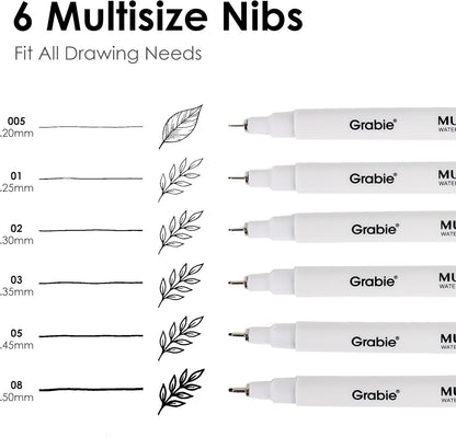 Grabie Micro Finerliner Pens, 6 Archival Black Ink Waterproof Drawing Pens, Assorted Point Sizes for Sketching, Illustration, Journaling, Art Supplies